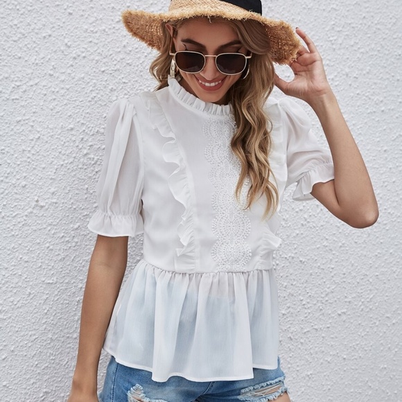boho white ruffle lace peplum top frill neck - Picture 5 of 5